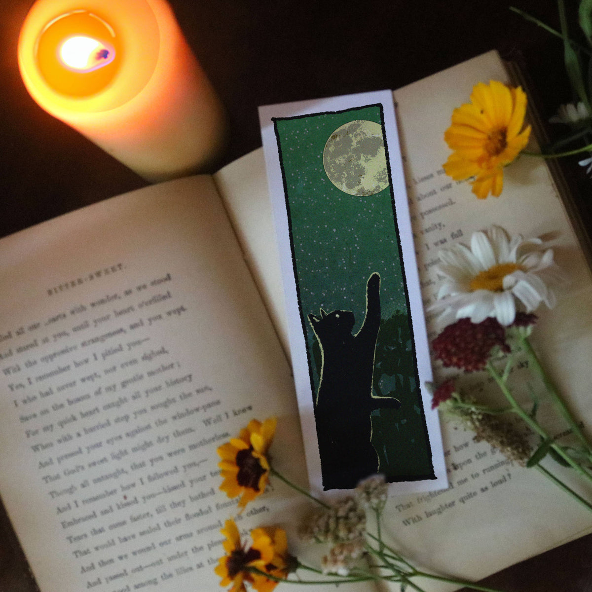 Catch the Moon – Curious Black Cat & Full Moon 2x6 Bookmark