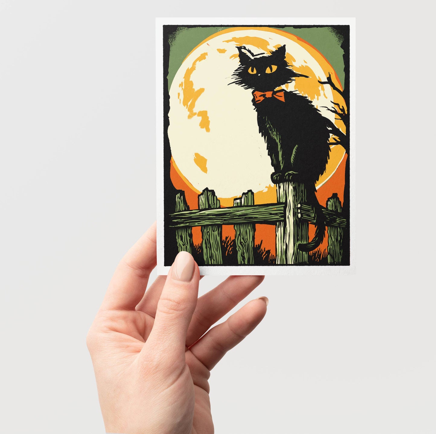 On the Fence – Retro Halloween Black Cat Notecard