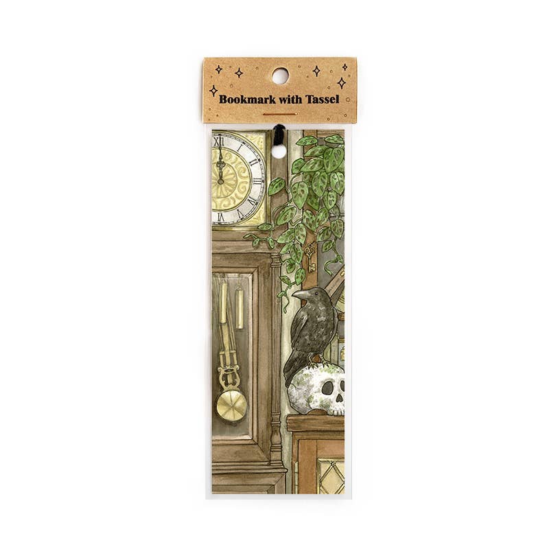 Grandfather Clock with Raven Bookmark with Black Tassel
