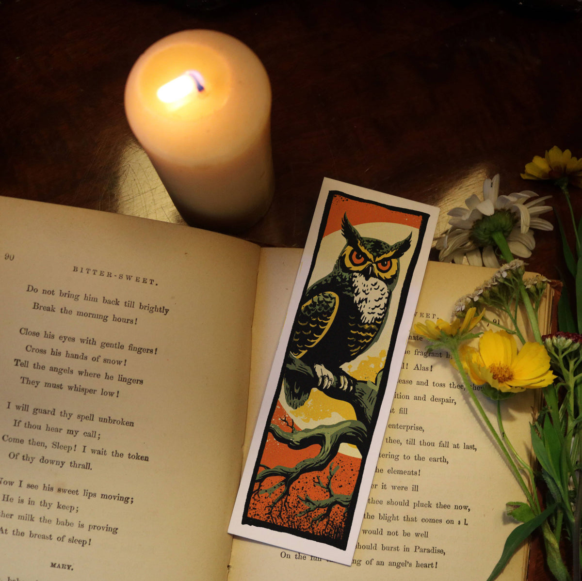 Owl in Moonlight Branch – Witchy Halloween Horned Owl Bookmark