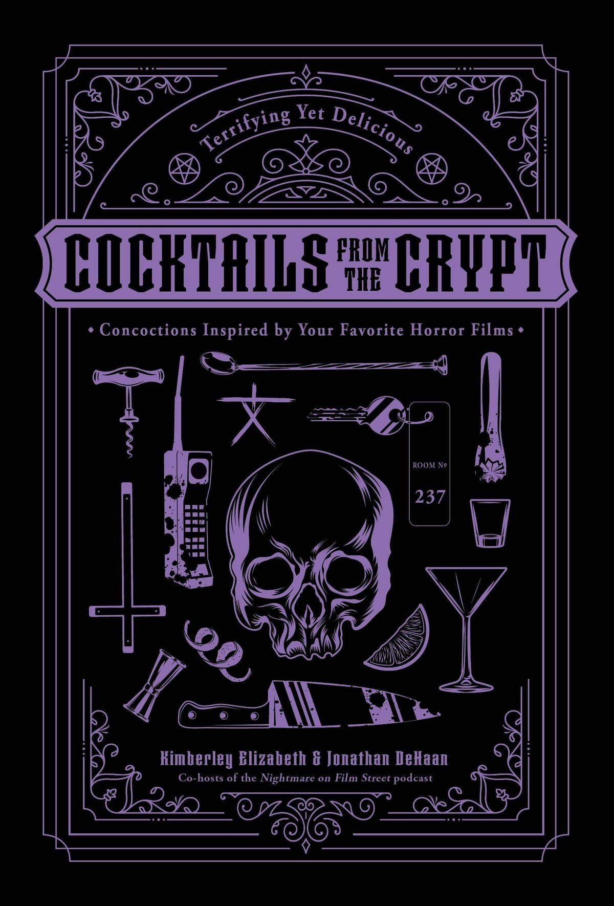 Cocktails From The Crypt book cover featuring a skull and horror-themed illustrations in purple and black.