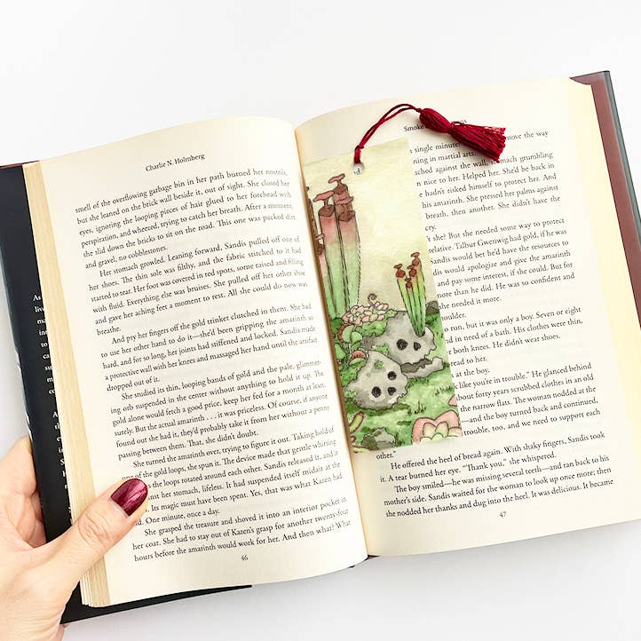 Skulls with Carnivorous Plants Bookmark with Red Tassel