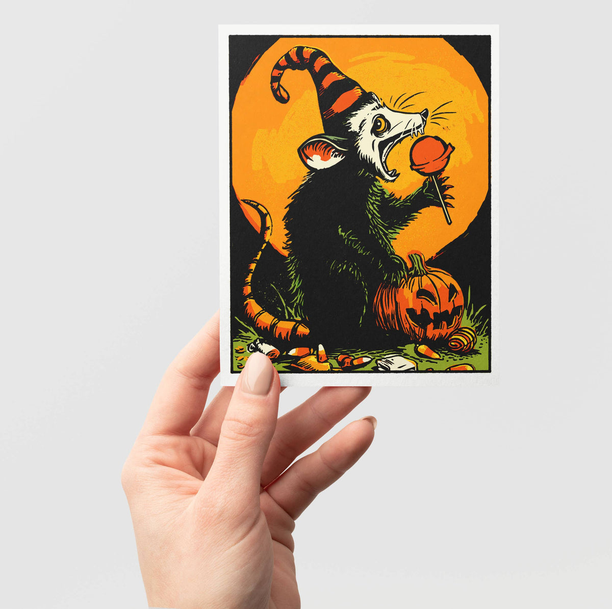 Possum Party - Retro Halloween Possum and Pumpkin Notecard Rat Candy