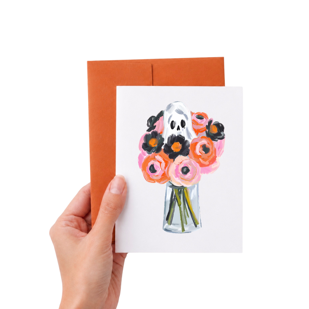Floral Ghost Halloween Card with Orange Envelope
