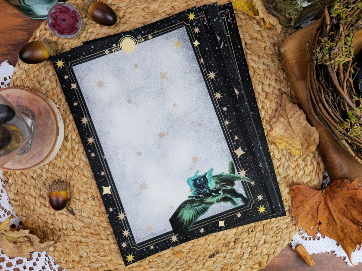 Vintage Style Gothic Witch Letter Writing Set| Black Cat Witches Cauldron Stationery Set| Art Nouveau Style Celestial Witch Stationery