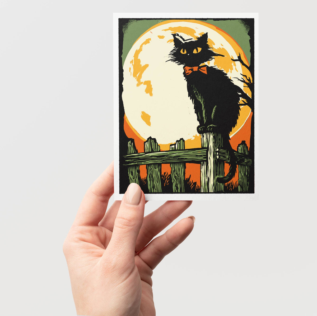 On the Fence – Retro Halloween Black Cat Notecard