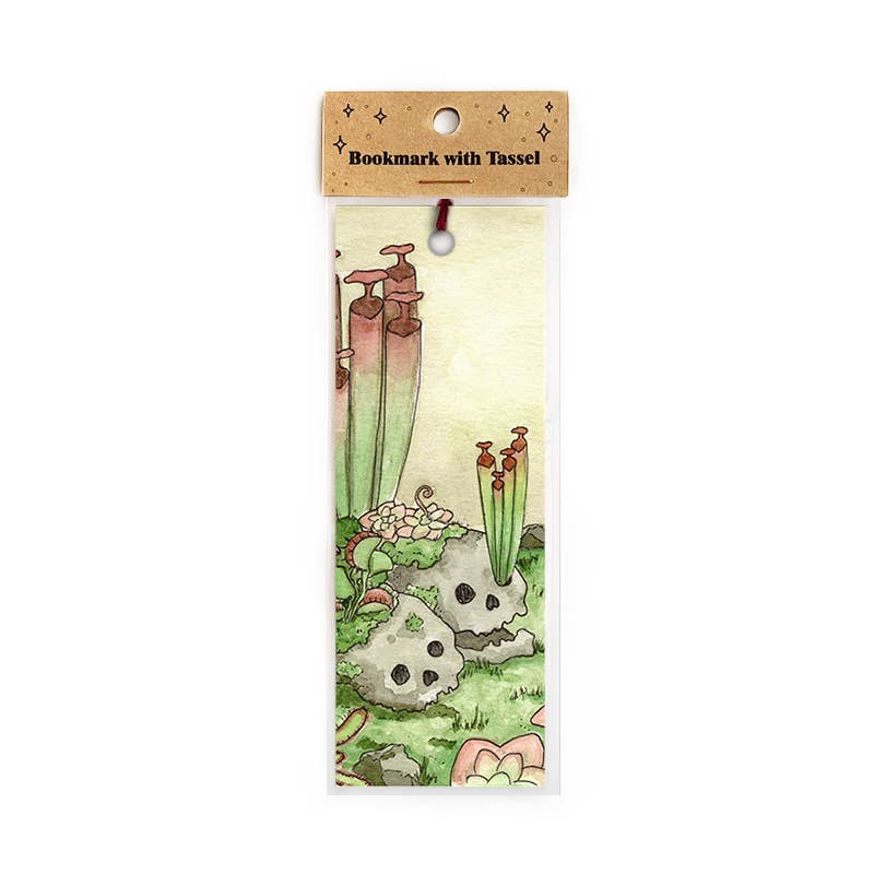 Skulls with Carnivorous Plants Bookmark with Red Tassel