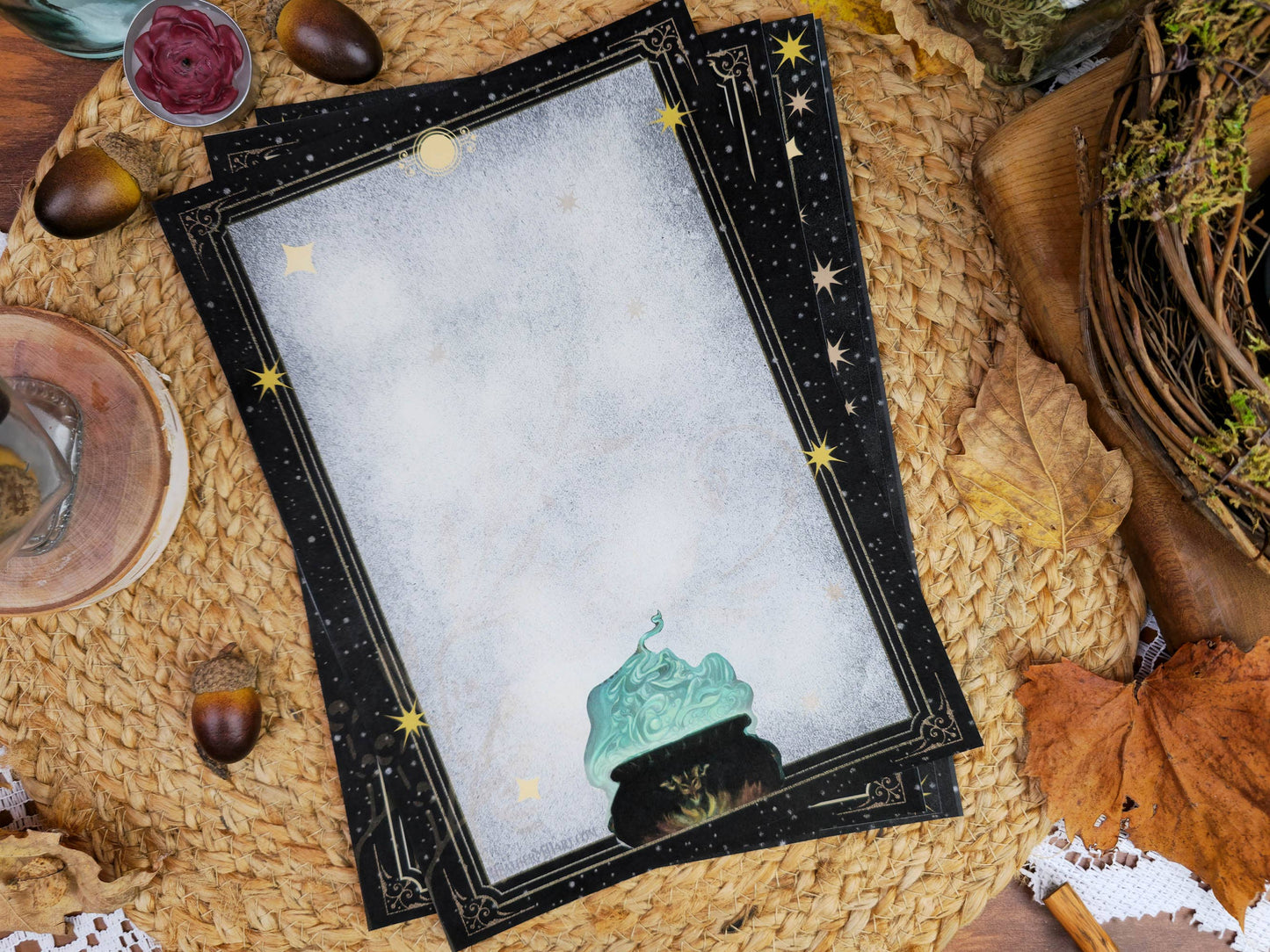 Vintage Style Gothic Witch Letter Writing Set| Black Cat Witches Cauldron Stationery Set| Art Nouveau Style Celestial Witch Stationery