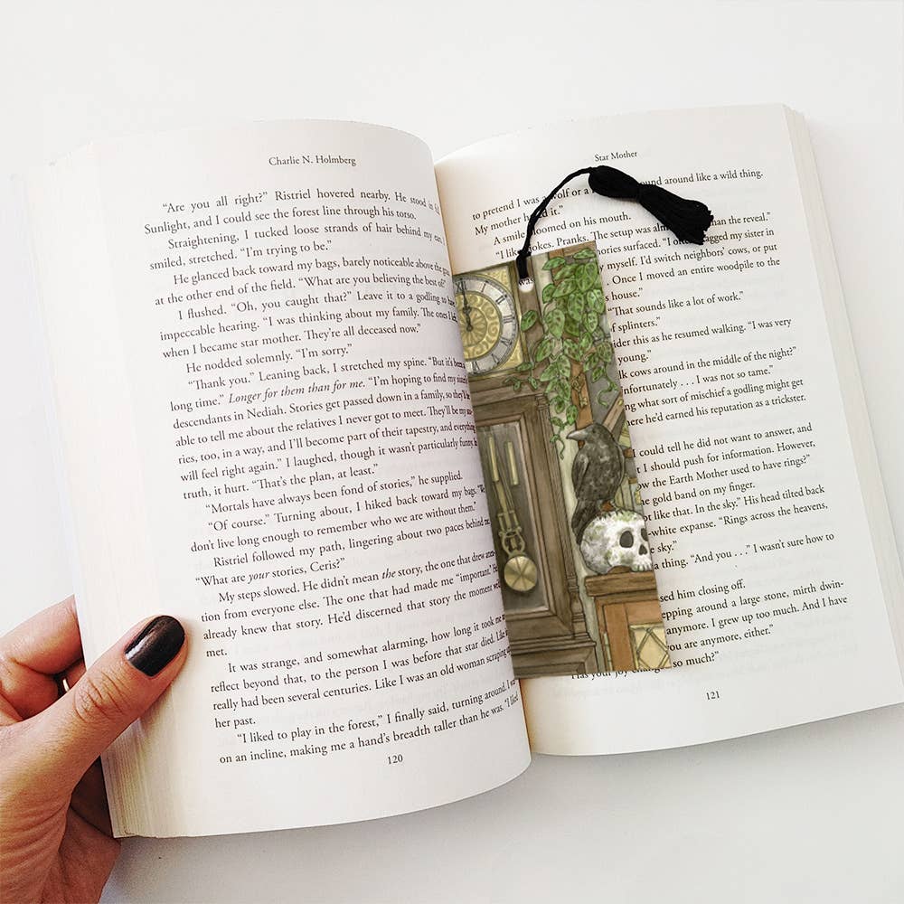 Grandfather Clock with Raven Bookmark with Black Tassel