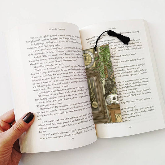 Grandfather Clock with Raven Bookmark with Black Tassel