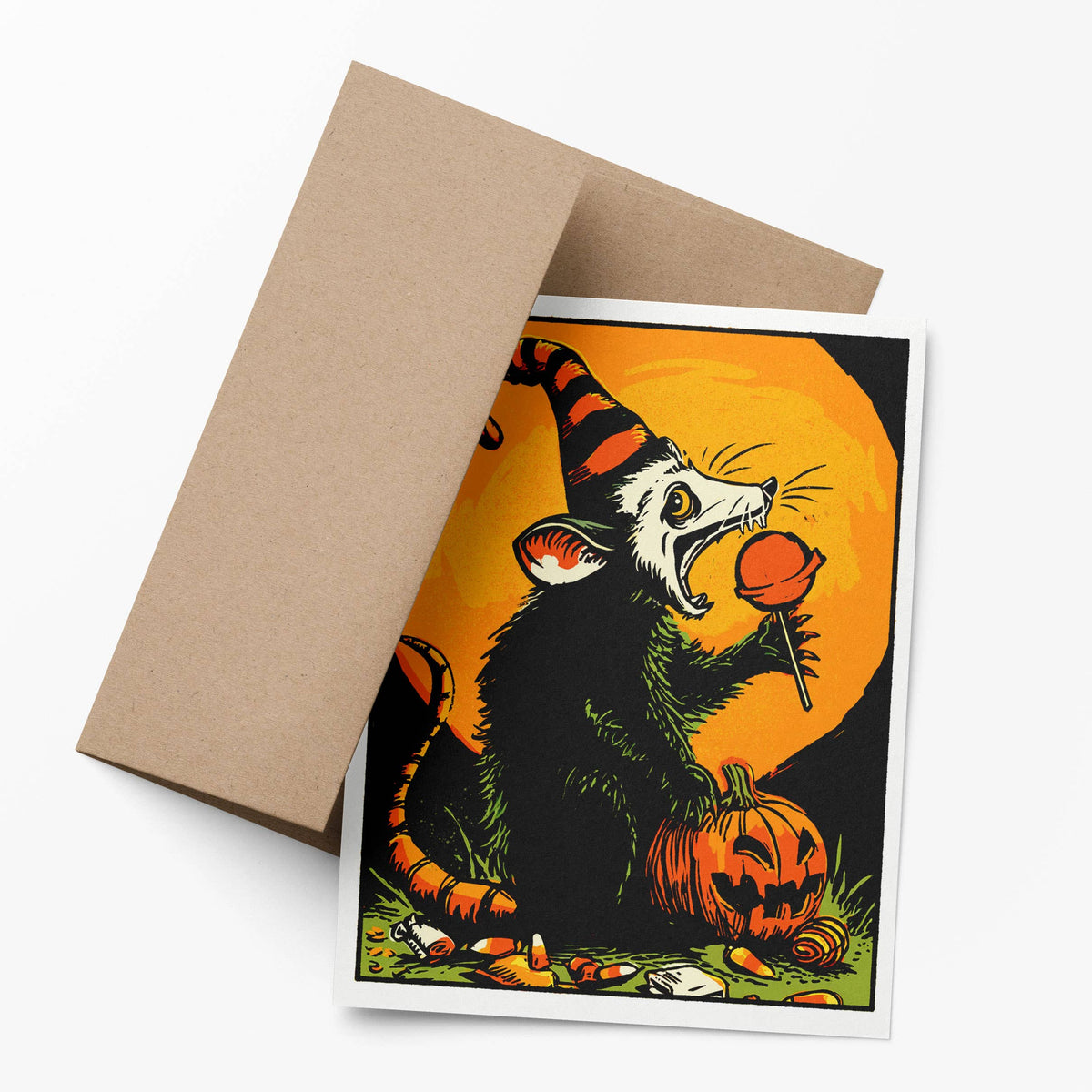 Possum Party - Retro Halloween Possum and Pumpkin Notecard Rat Candy