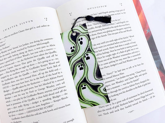 Green Ghost Bookmark with Black Tassel, "Glowing Ghosts"