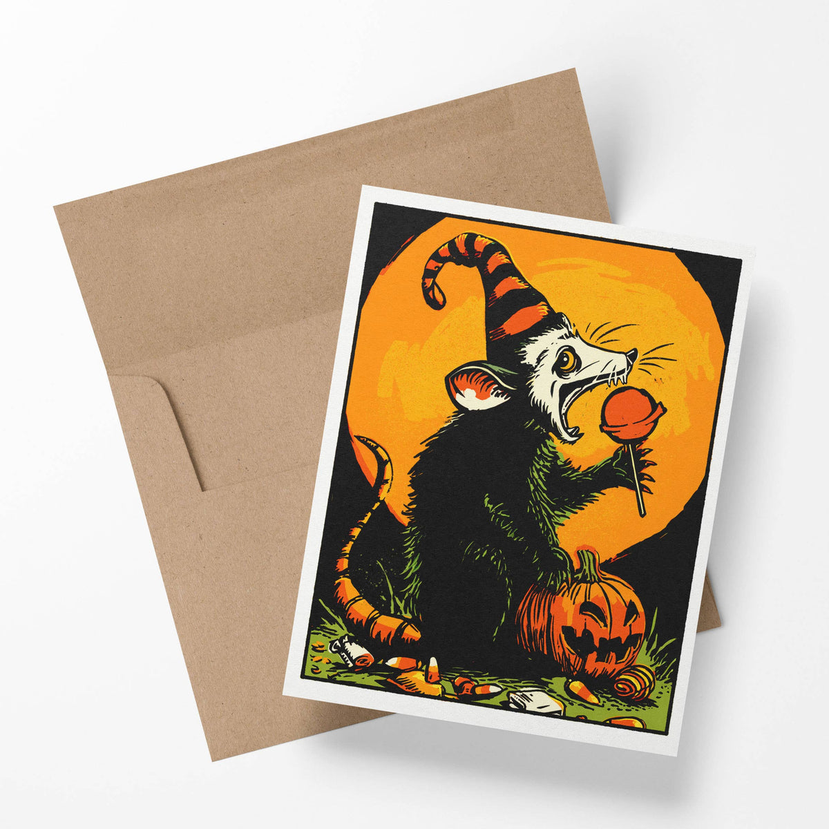 Possum Party - Retro Halloween Possum and Pumpkin Notecard Rat Candy
