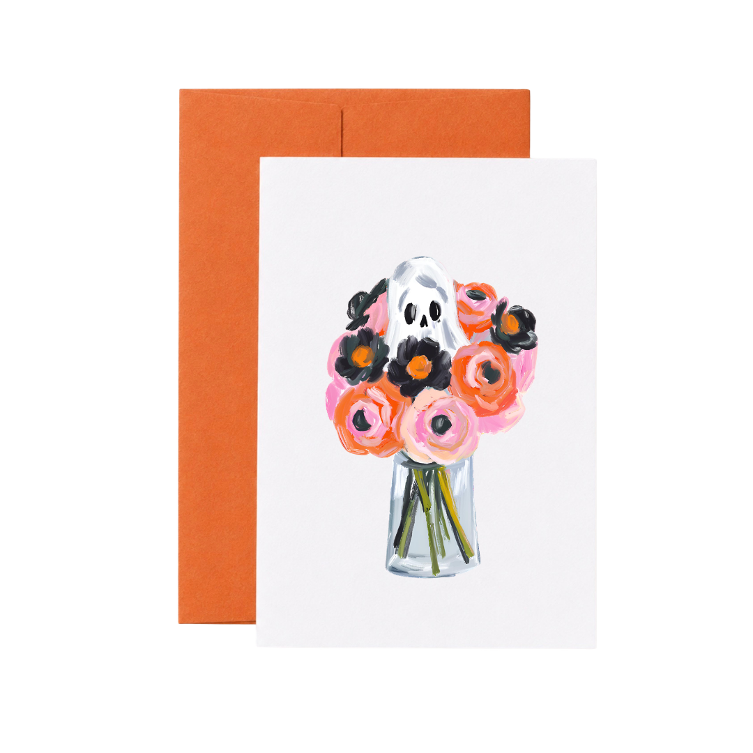 Floral Ghost Halloween Card with Orange Envelope