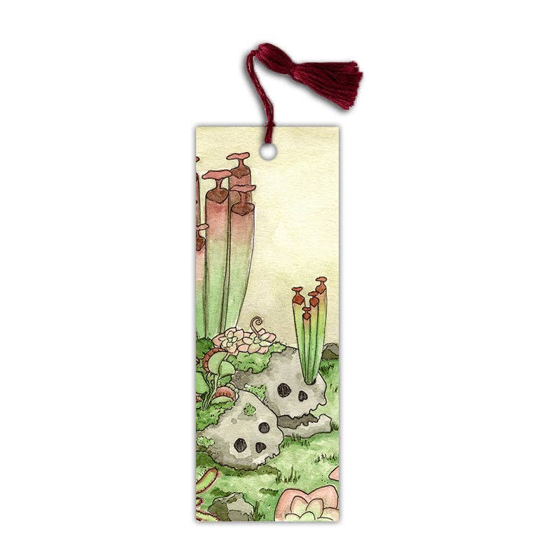 Skulls with Carnivorous Plants Bookmark with Red Tassel