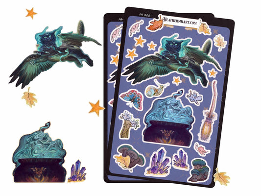 Winged Cat Sticker Set | Gothic Cottagecore Planner Stickers | Magical Creatures Die-Cut Stickers
