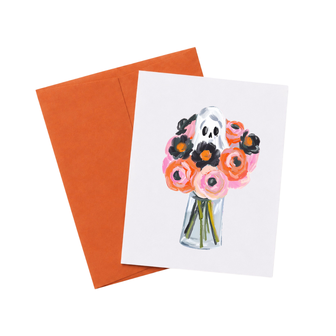 Floral Ghost Halloween Card with Orange Envelope