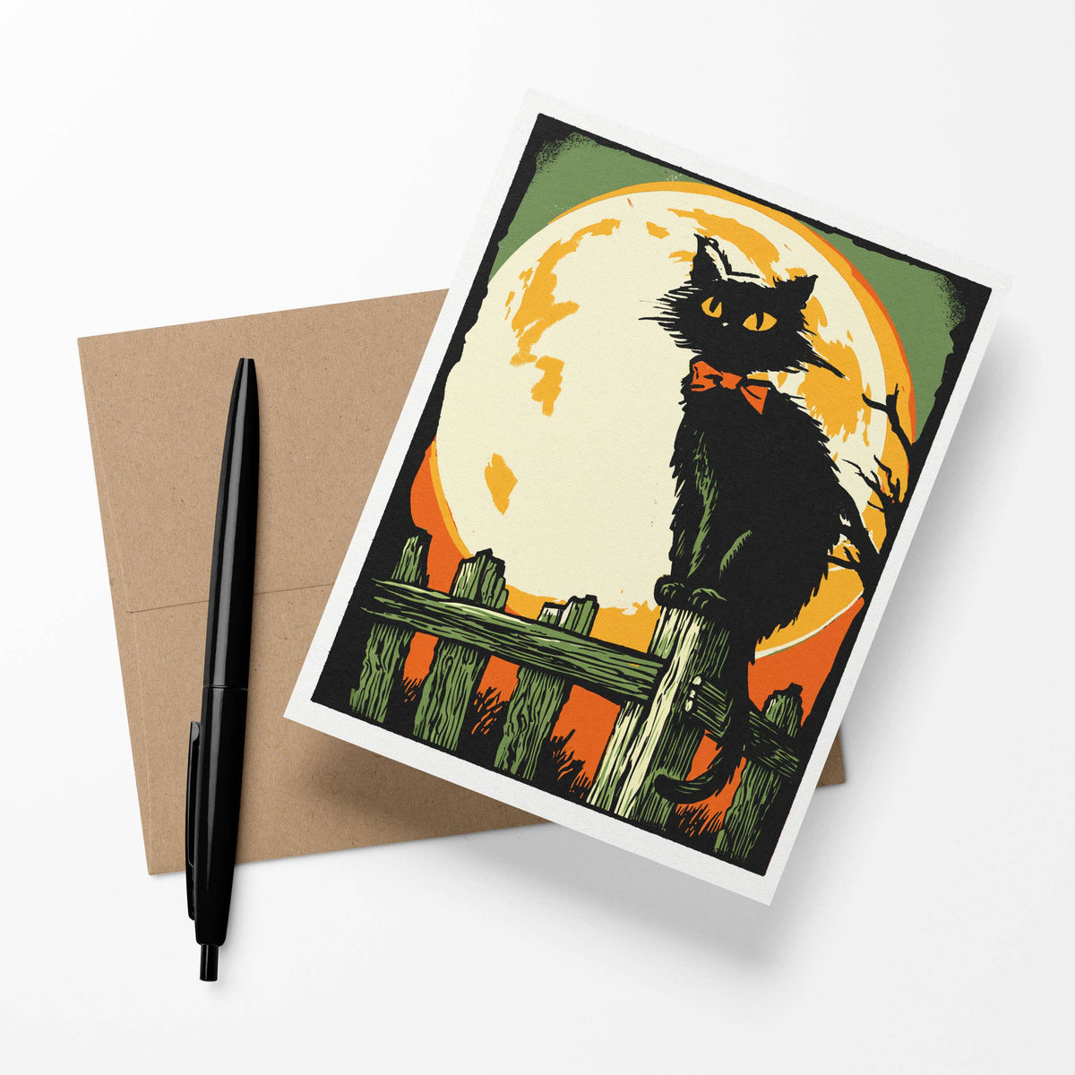 On the Fence – Retro Halloween Black Cat Notecard