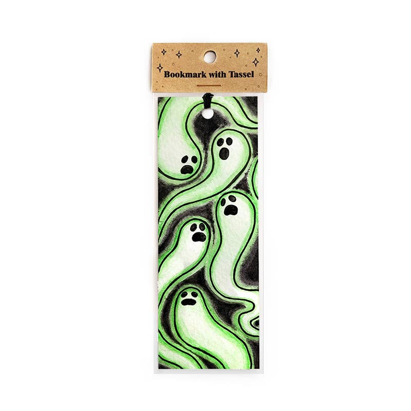 Green Ghost Bookmark with Black Tassel, "Glowing Ghosts"
