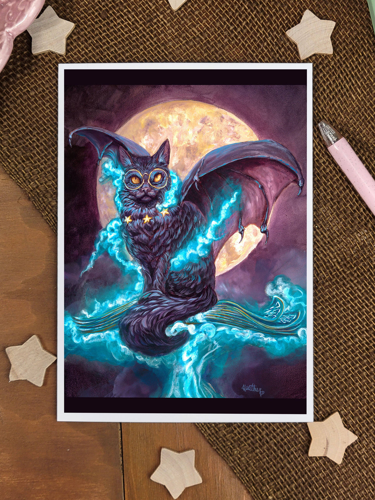 Halloween Greeting Card. Black Cat Witch Spellbook