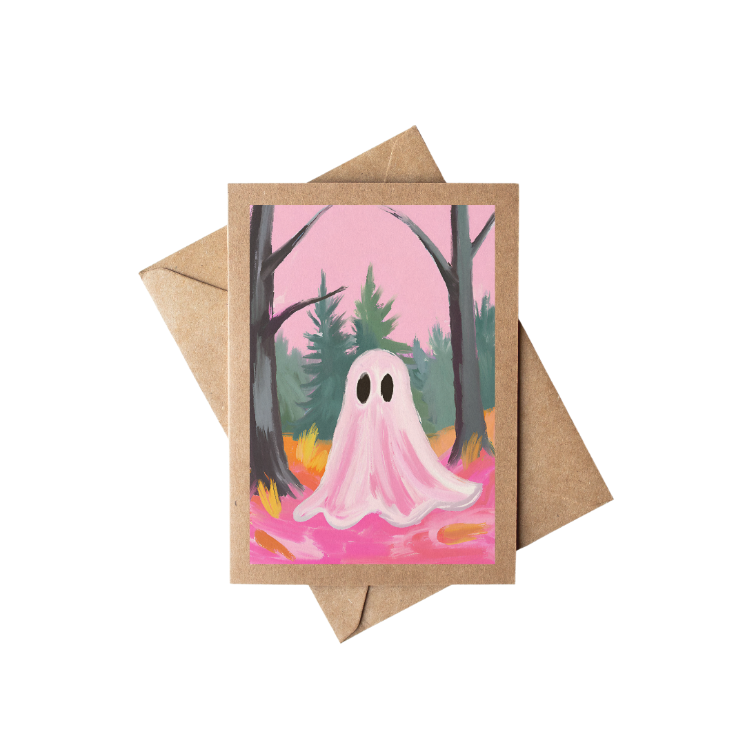 Boxed Set Of 8 Pink Forest Ghost Halloween Notecards