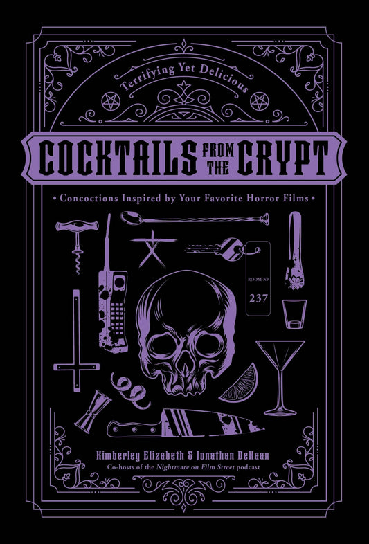 Cocktails From The Crypt book cover featuring a skull and horror-themed illustrations in purple and black.