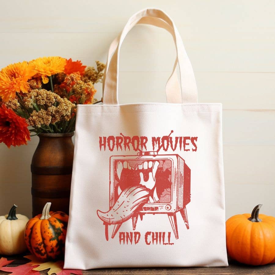 Horror Movies and Chill Halloween Canvas Tote Bag